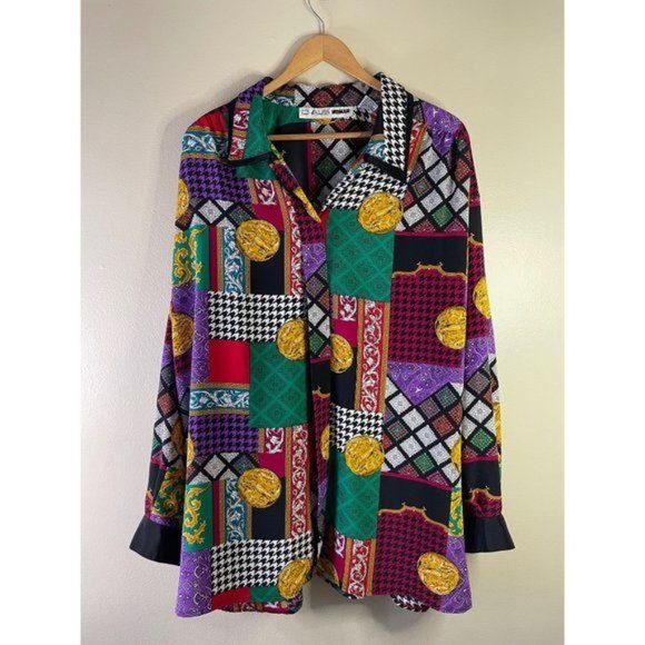 CHAUS Woman Plus Size Bold Geometric Multi Prints Button Blouse - Picture 6 of 6